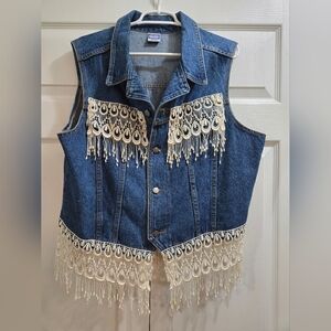 Denim Vest with Lace Fringe